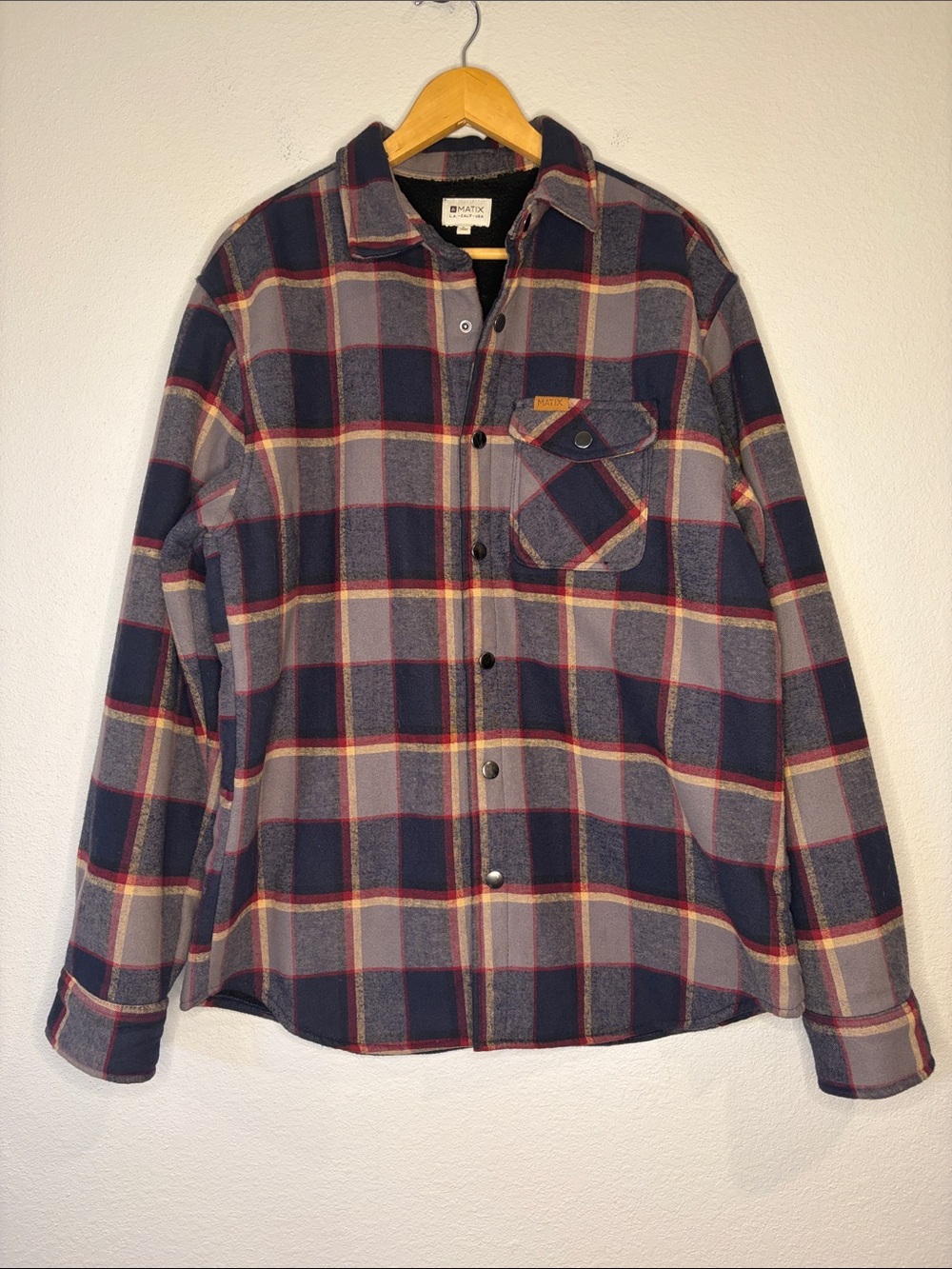 Matix plaid cotton shacket shirt jacket sherpa fleece lined L